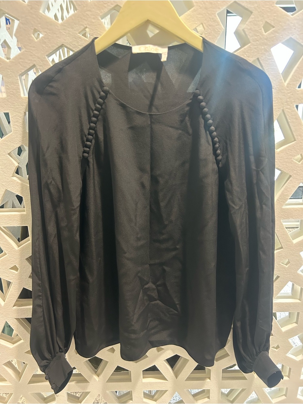 Chloe Silk Black Long-Sleeve Button-Trim Blouse
